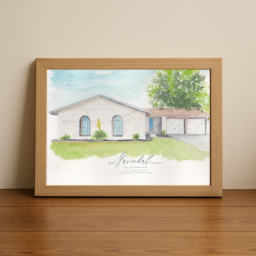 Sample 6x9 watercolor home portrait with address